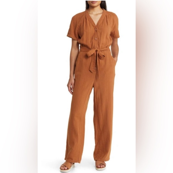 Caslon Pants - NWOT CASLON Cotton Gauze Belted Short SleeveJumpsuit